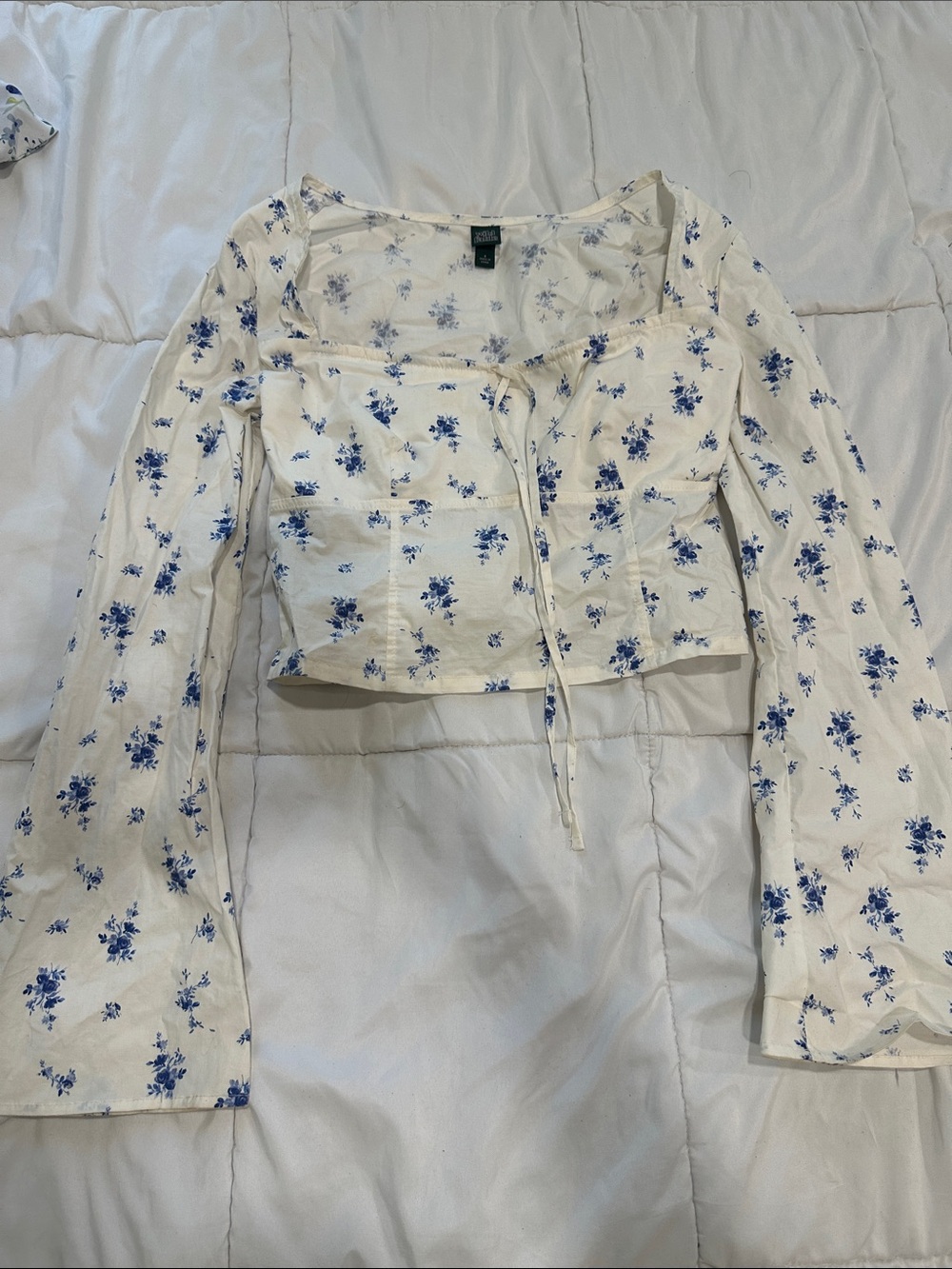 wild fable White Cropped Square-Neck Top with Blue Floral Print